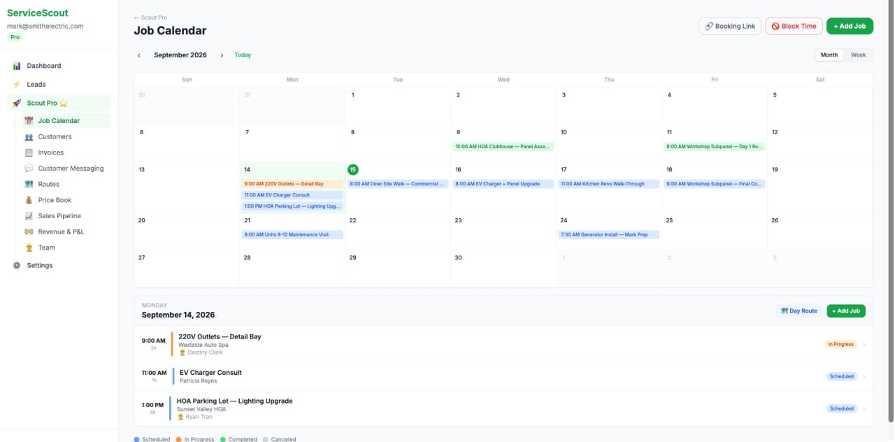 Scout Pro job calendar showing scheduled jobs with crew assignments and job details