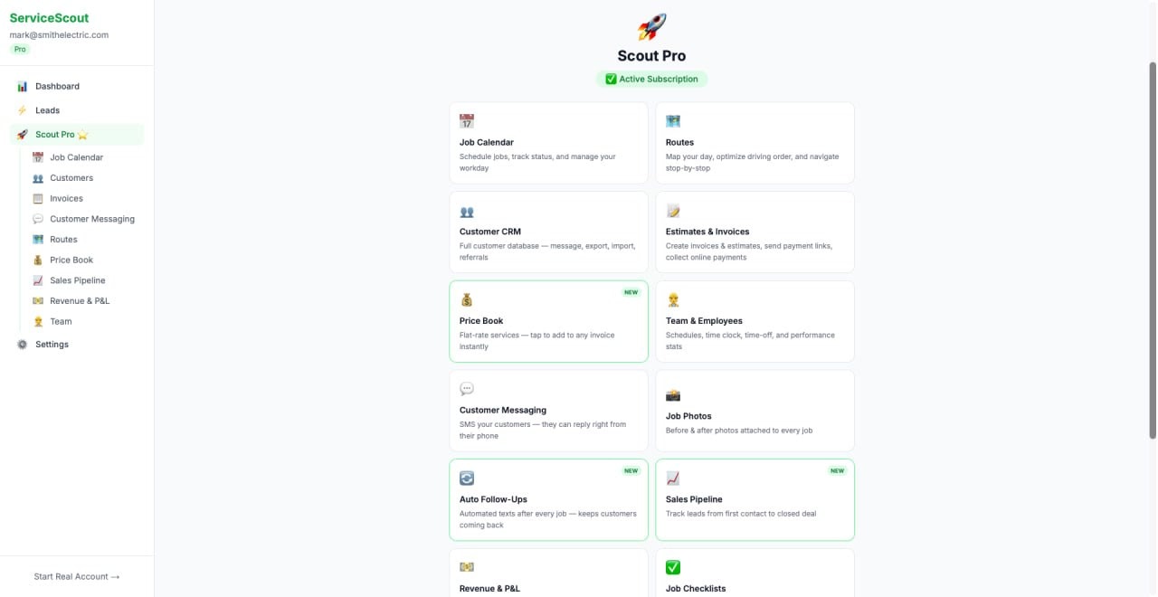 Scout Pro home dashboard showing all features: Job Calendar, Customer CRM, Estimates, Messaging, Pipeline, Revenue, and Team