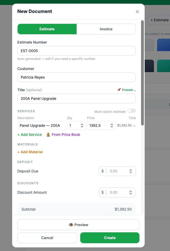 Scout Pro new estimate creation modal showing line items, price book integration, and subtotal