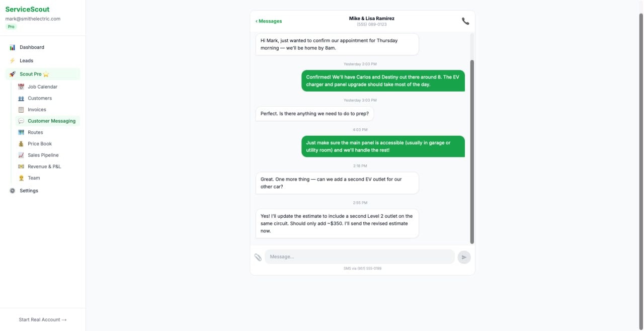 Scout Pro SMS conversation thread with customer discussing EV charger installation appointment