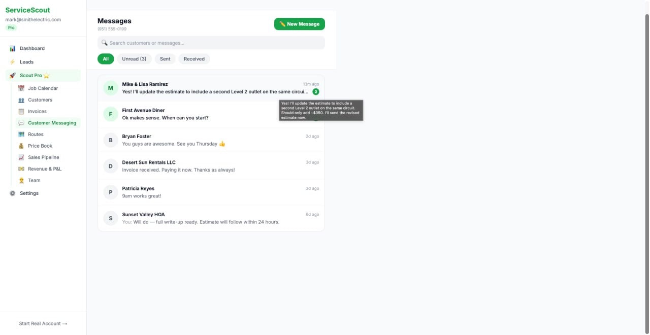 Scout Pro messaging inbox showing all customer SMS conversations with unread badges